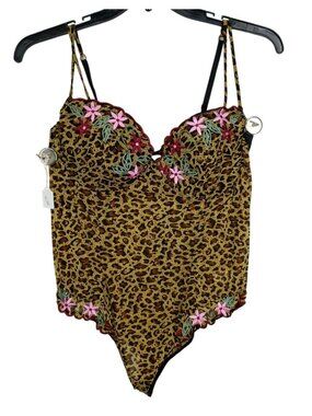 Leopard Print Floral Embroidered Bodysuit With Adjustable Straps Amoureuse Size